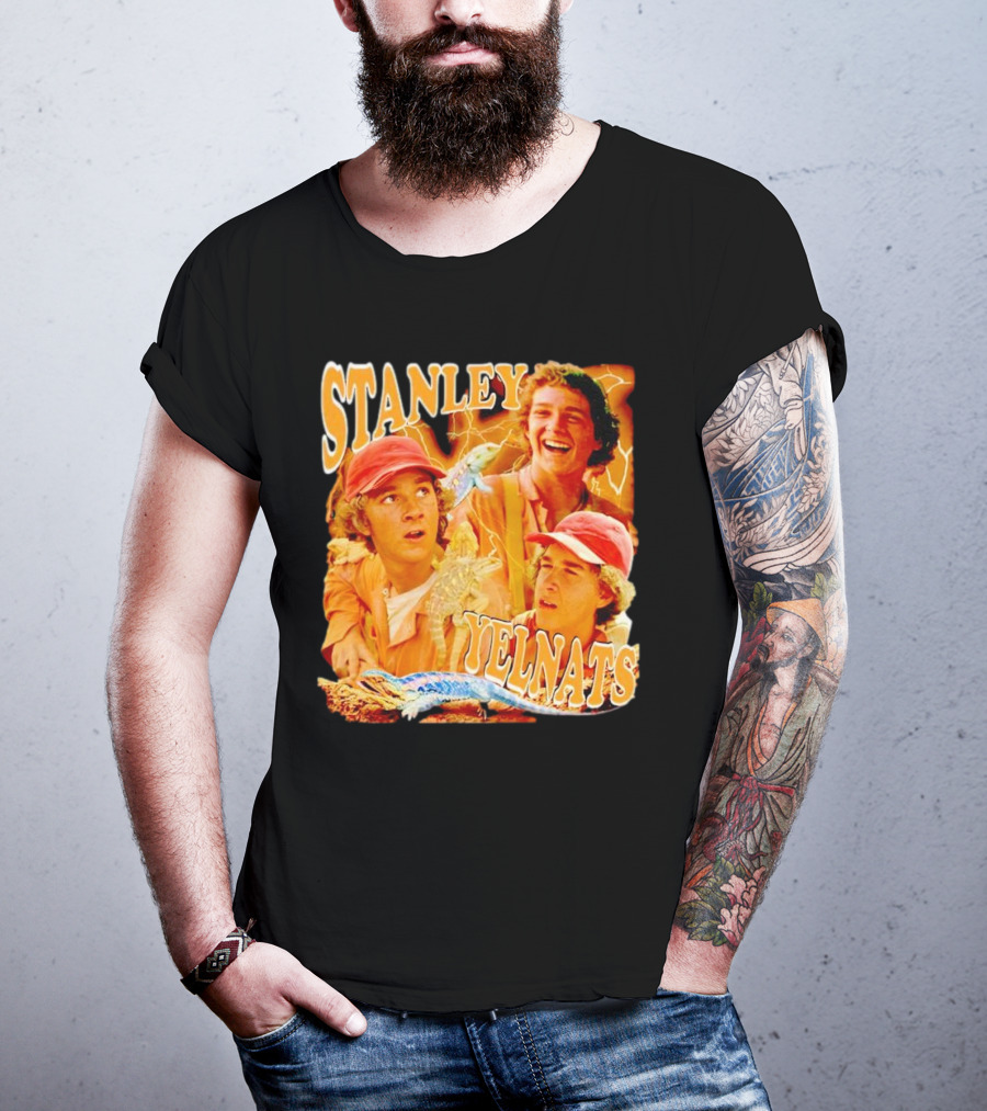 Stanley Yelnats Character Collage With Orange Background And Lizard T-Shirt