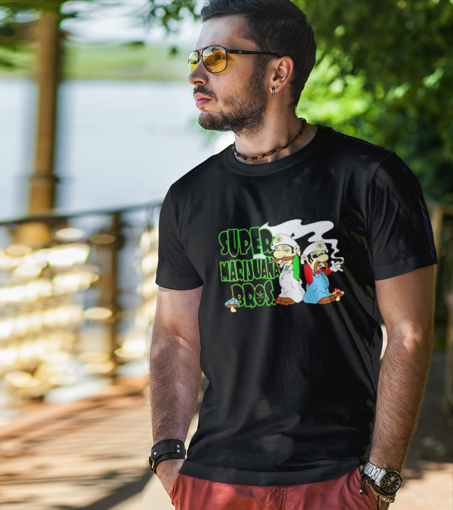Super Marijuana Bros Weed Parody With Smoking Characters And Mushrooms T-Shirt