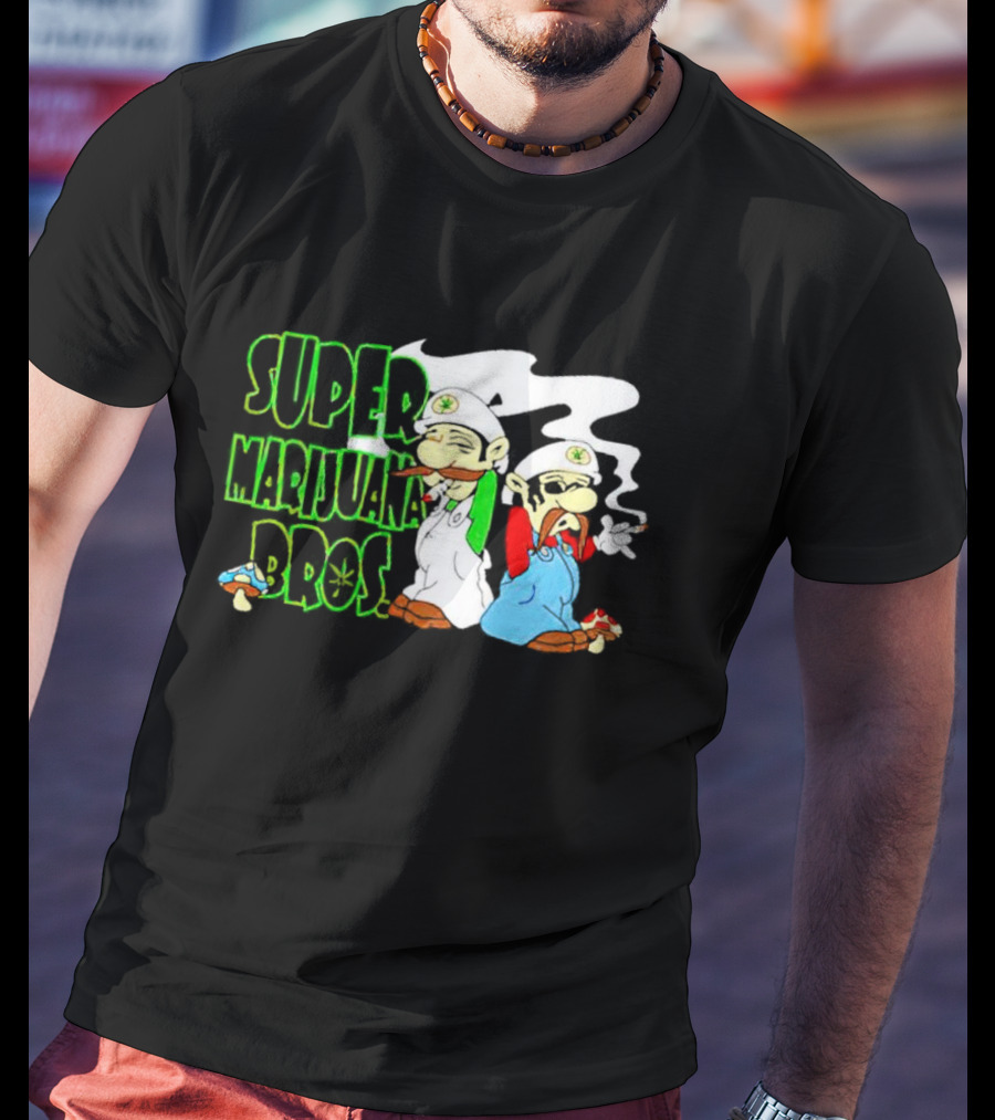 Super Marijuana Bros Weed Parody With Smoking Characters And Mushrooms T-Shirt