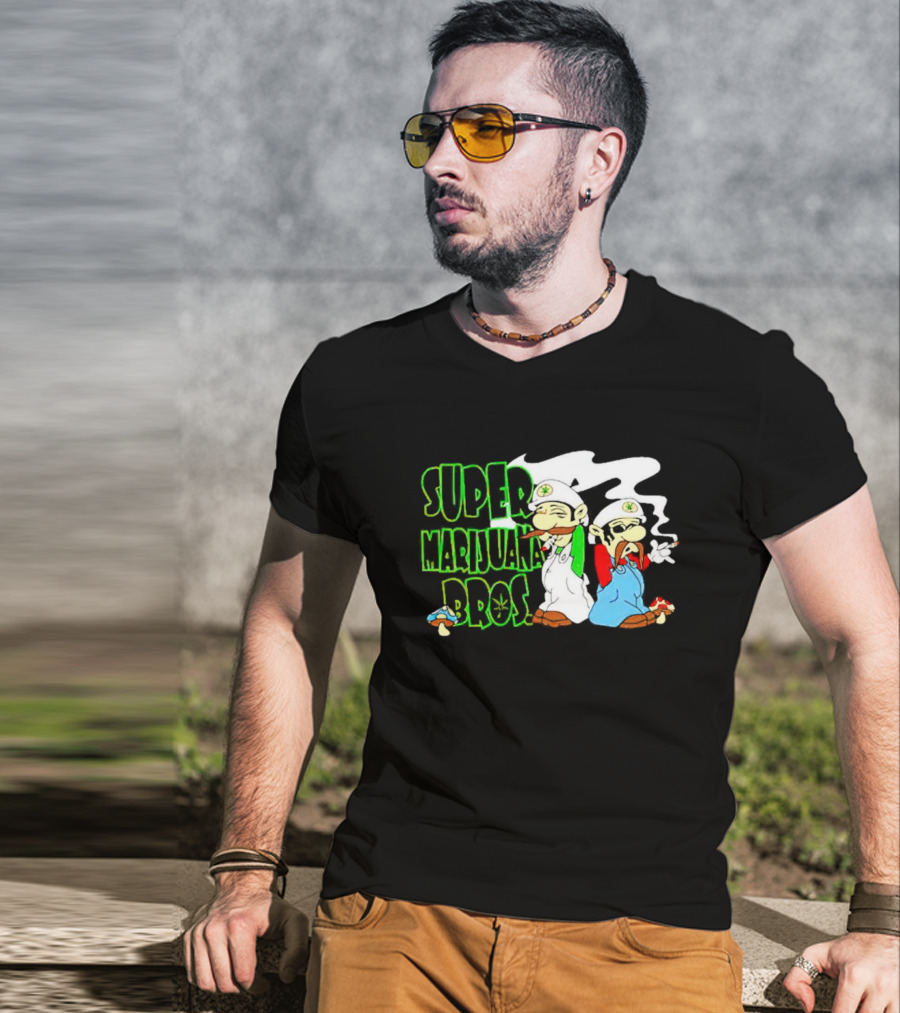 Super Marijuana Bros Weed Parody With Smoking Characters And Mushrooms T-Shirt