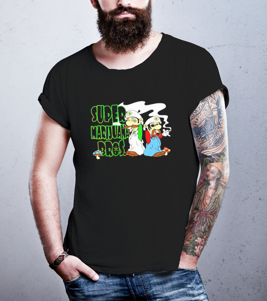 Super Marijuana Bros Weed Parody With Smoking Characters And Mushrooms T-Shirt
