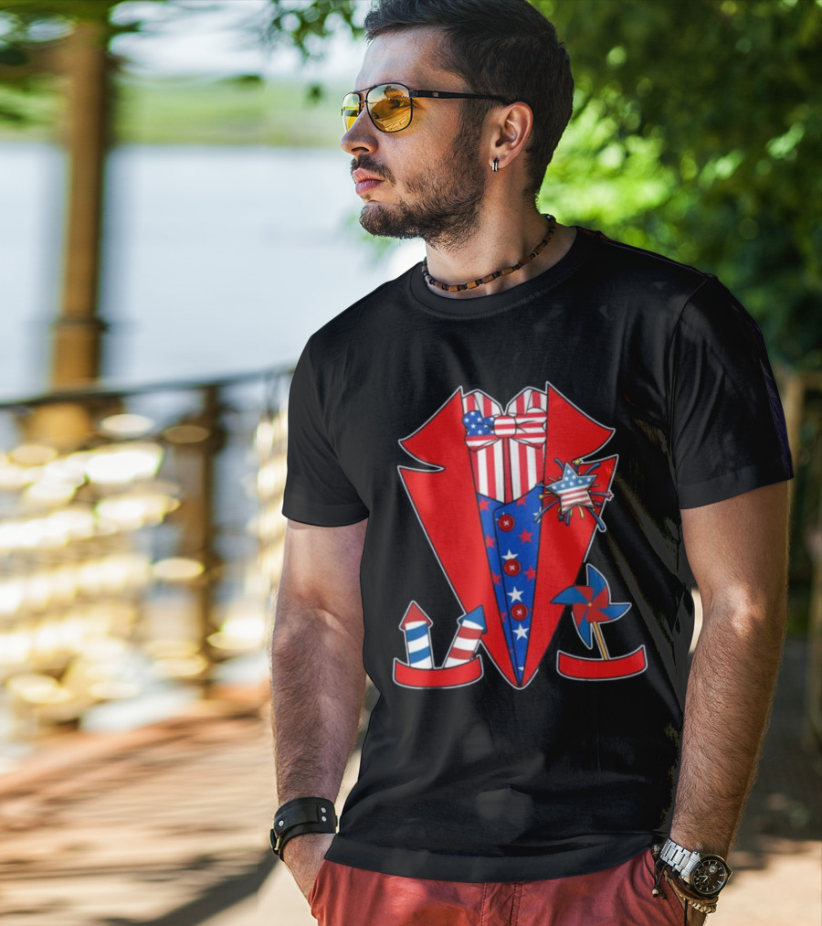 Patriotic Red White Blue Tuxedo With Stars Stripes And Rocket Pinwheels T-Shirt