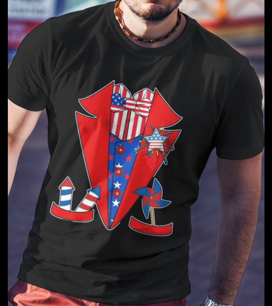 Patriotic Red White Blue Tuxedo With Stars Stripes And Rocket Pinwheels T-Shirt