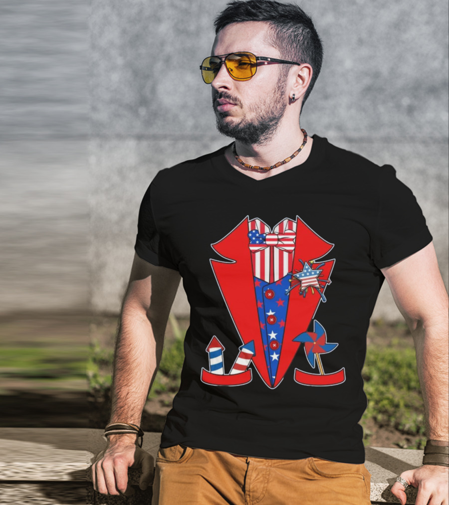 Patriotic Red White Blue Tuxedo With Stars Stripes And Rocket Pinwheels T-Shirt