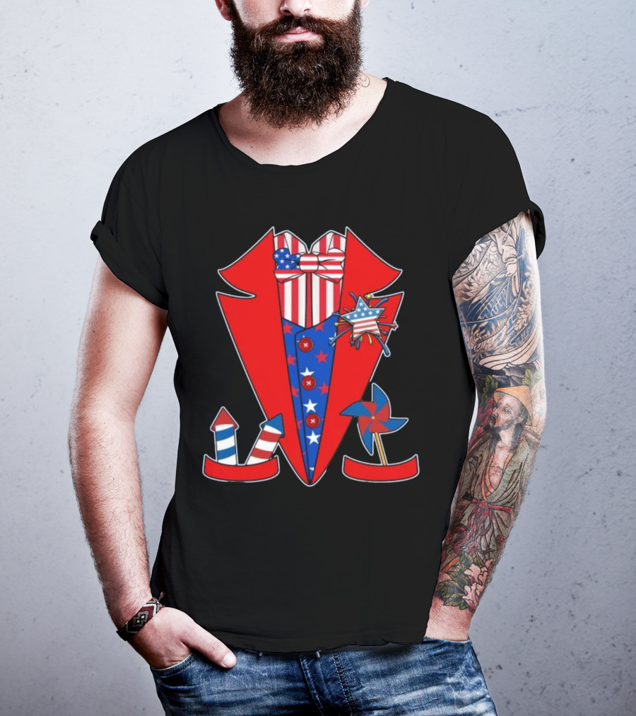 Patriotic Red White Blue Tuxedo With Stars Stripes And Rocket Pinwheels T-Shirt