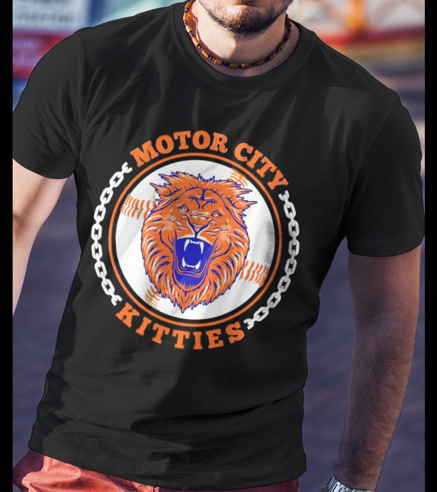 Motor City Kitties Baseball MLB Detroit Tigers Lion Chain Emblem T-Shirt