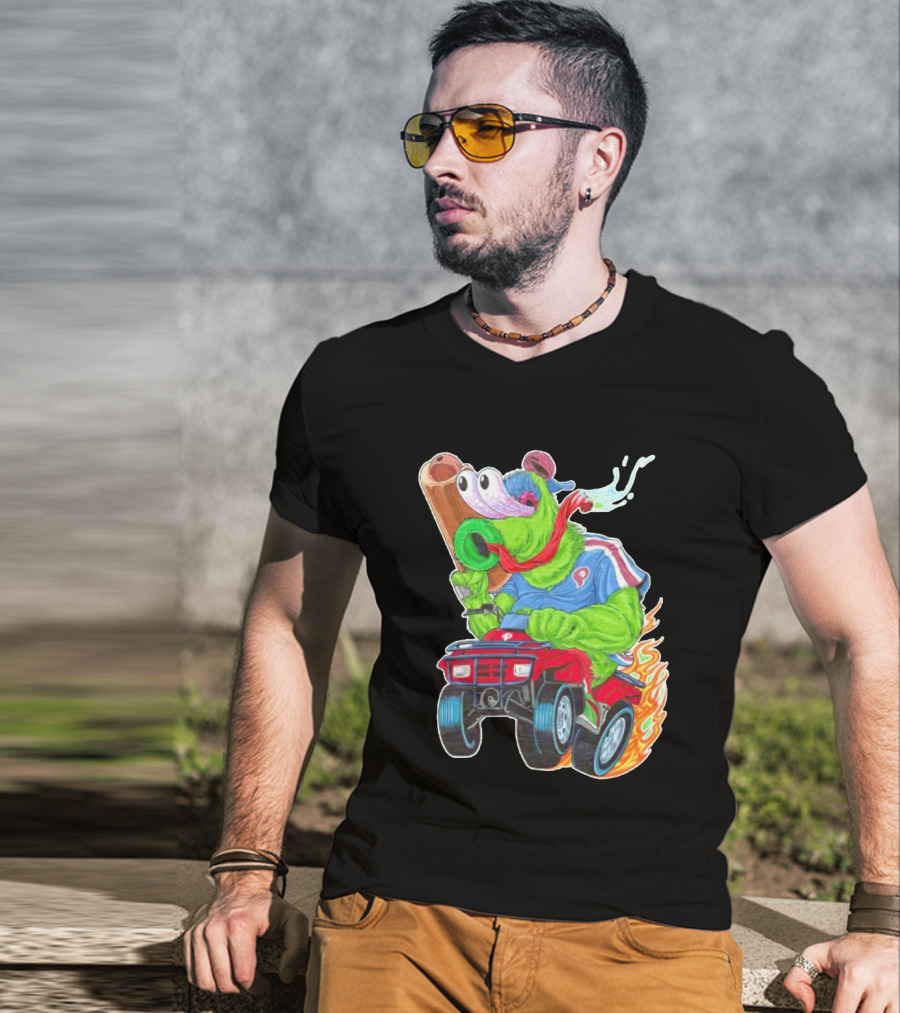 Phillie Phanatic Philadelphia Phillies Pheast Mode Mascot With Cannon Riding ATV T-Shirt