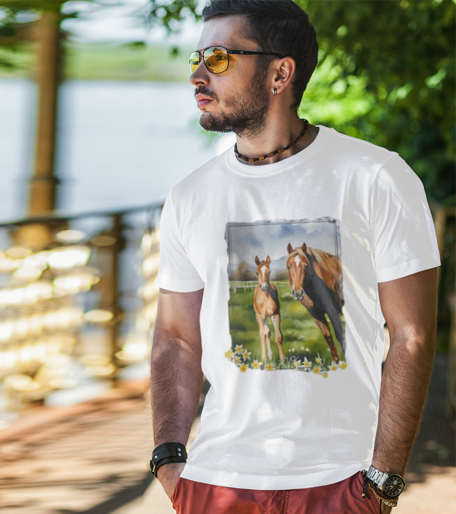 Ginger And Freddie Horses In Scenic Pasture With Daffodils T-Shirt