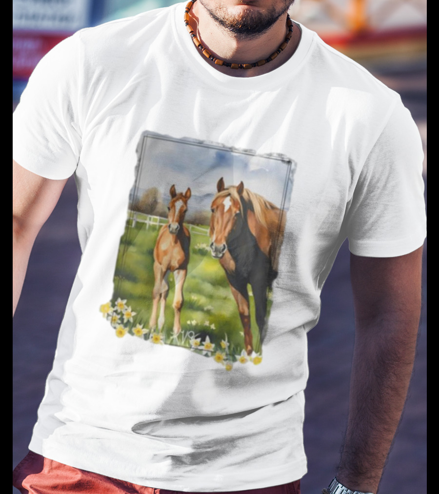 Ginger And Freddie Horses In Scenic Pasture With Daffodils T-Shirt