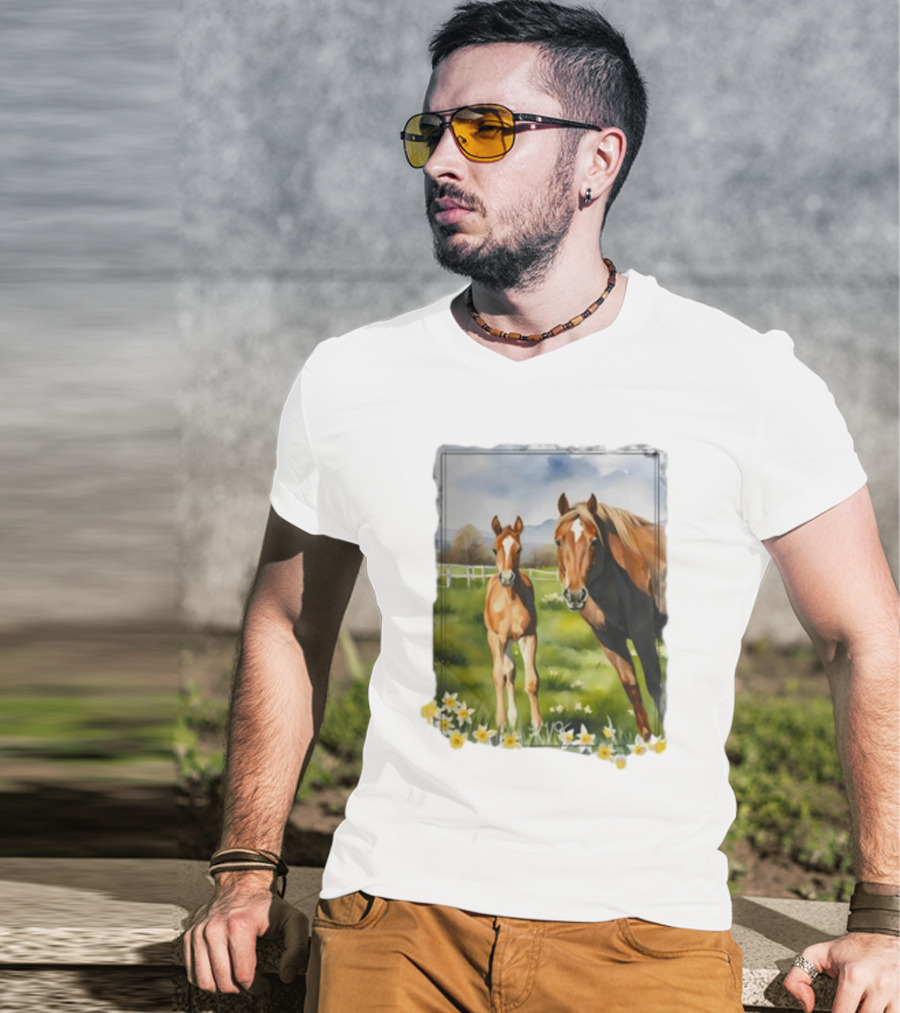 Ginger And Freddie Horses In Scenic Pasture With Daffodils T-Shirt
