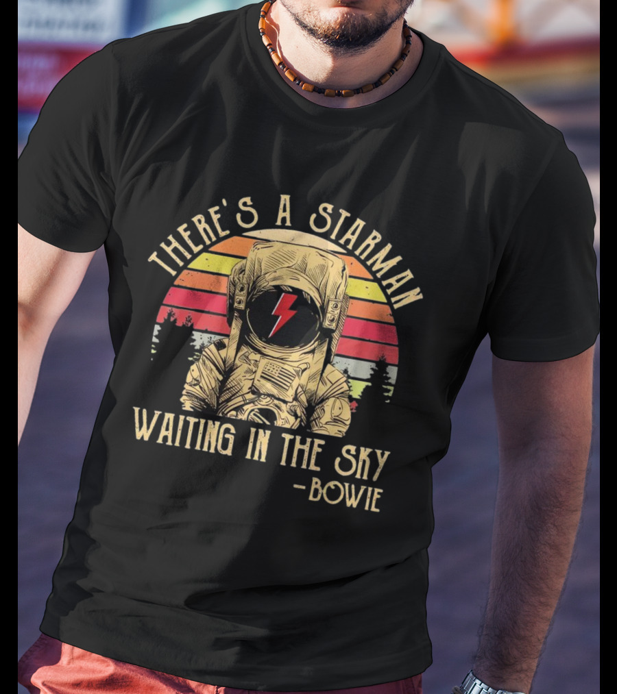 There's A Starman Waiting In The Sky Bowie Vintage Astronaut Rainbow Lightning T-Shirt