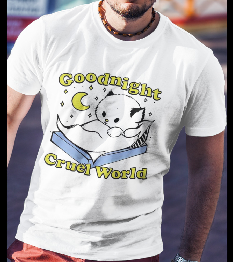 Goodnight Cruel World Cat On Open Book With Moon And Stars T-Shirt