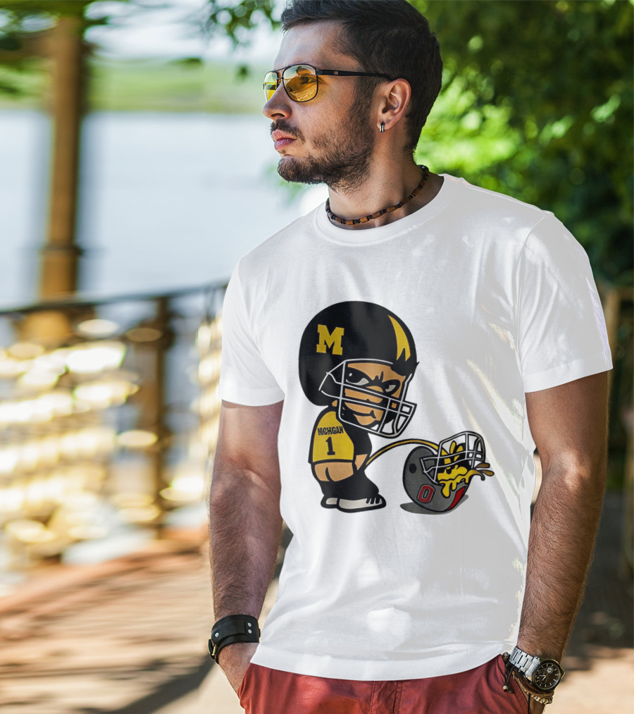 Michigan Wolverines M Football Player Pissing On Ohio State Helmet With O T-Shirt