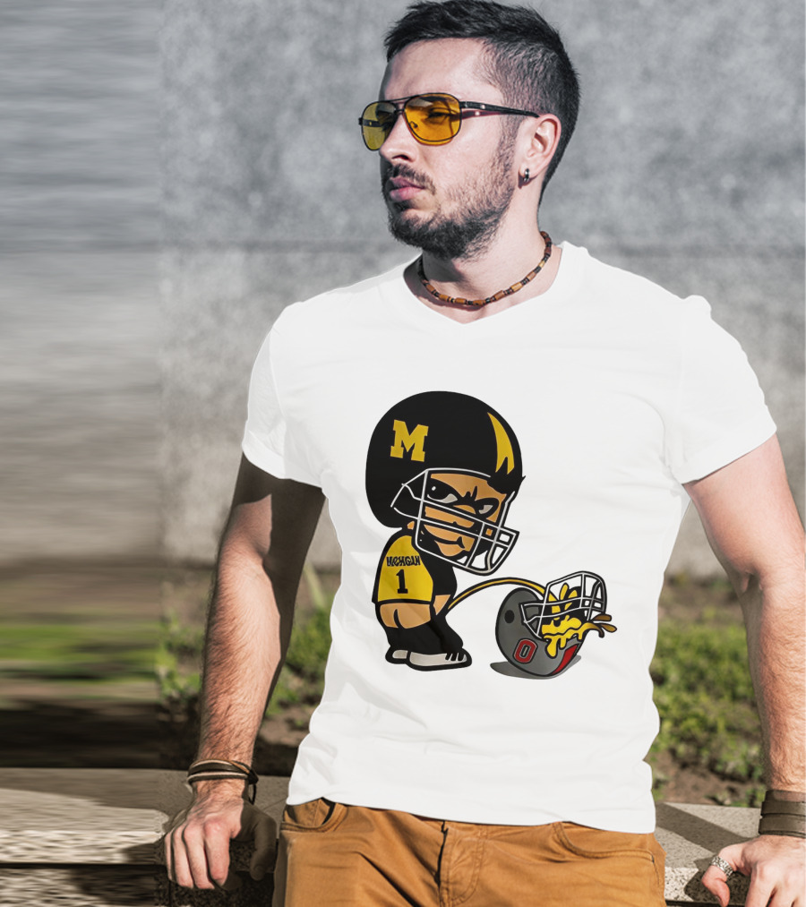 Michigan Wolverines M Football Player Pissing On Ohio State Helmet With O T-Shirt