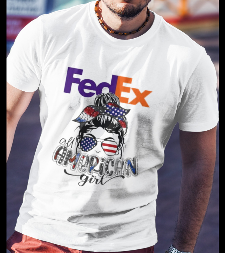 FedEx All American Girl Messy Bun Bandana And Sunglasses With Flag Elements T-Shirt