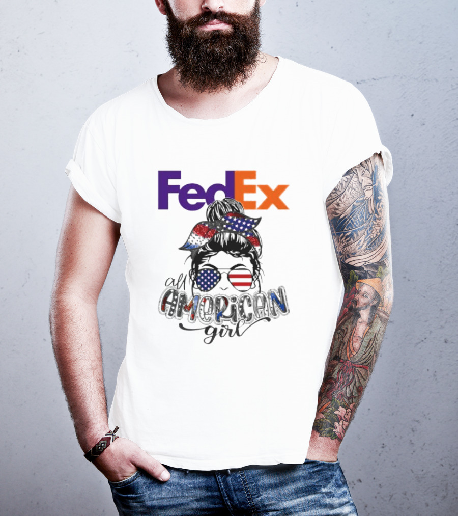 FedEx All American Girl Messy Bun Bandana And Sunglasses With Flag Elements T-Shirt