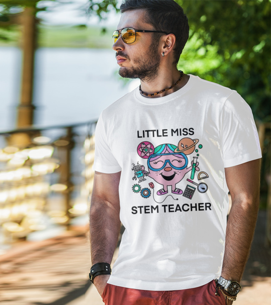 Little Miss STEM Teacher Science Icons Robot Atom Calculator Planets Gears T-Shirt