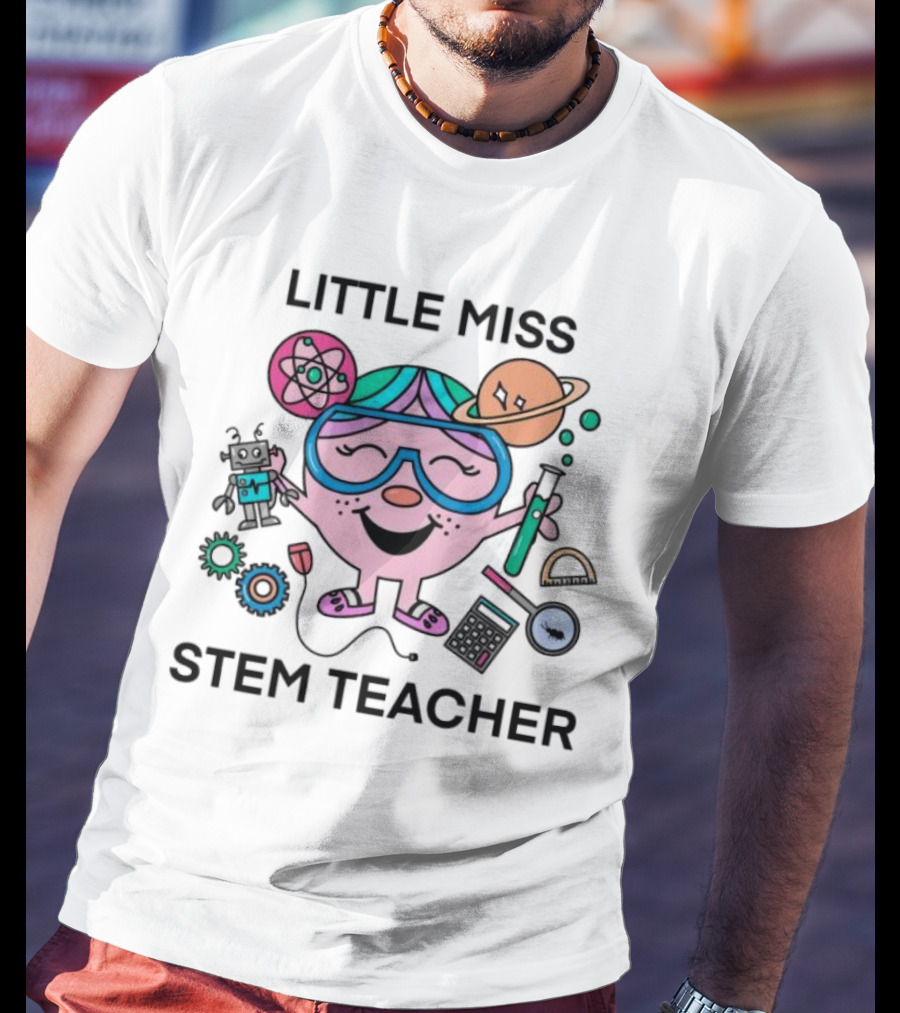 Little Miss STEM Teacher Science Icons Robot Atom Calculator Planets Gears T-Shirt