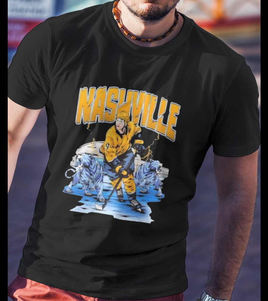 Nashville Predators Filip Forsberg Hockey Number 9 Action With Ice Background And Predators Lions T-Shirt
