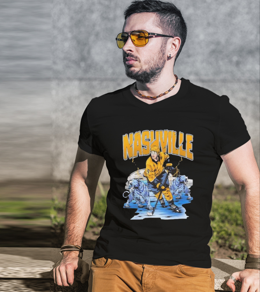 Nashville Predators Filip Forsberg Hockey Number 9 Action With Ice Background And Predators Lions T-Shirt