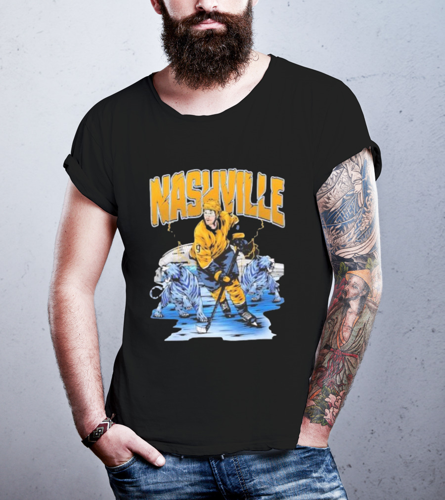 Nashville Predators Filip Forsberg Hockey Number 9 Action With Ice Background And Predators Lions T-Shirt