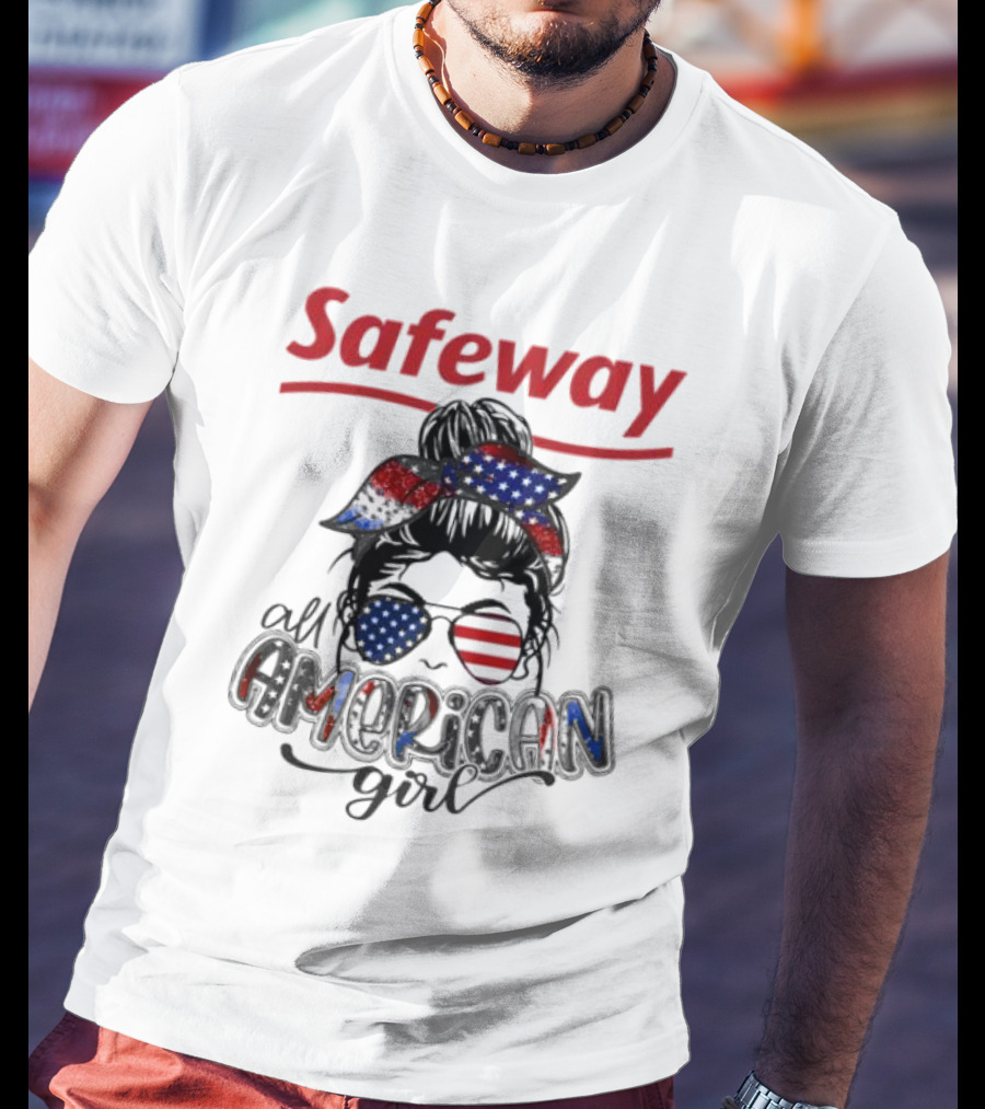 Safeway All American Girl Messy Bun Red White Blue Glasses Bandana T-Shirt