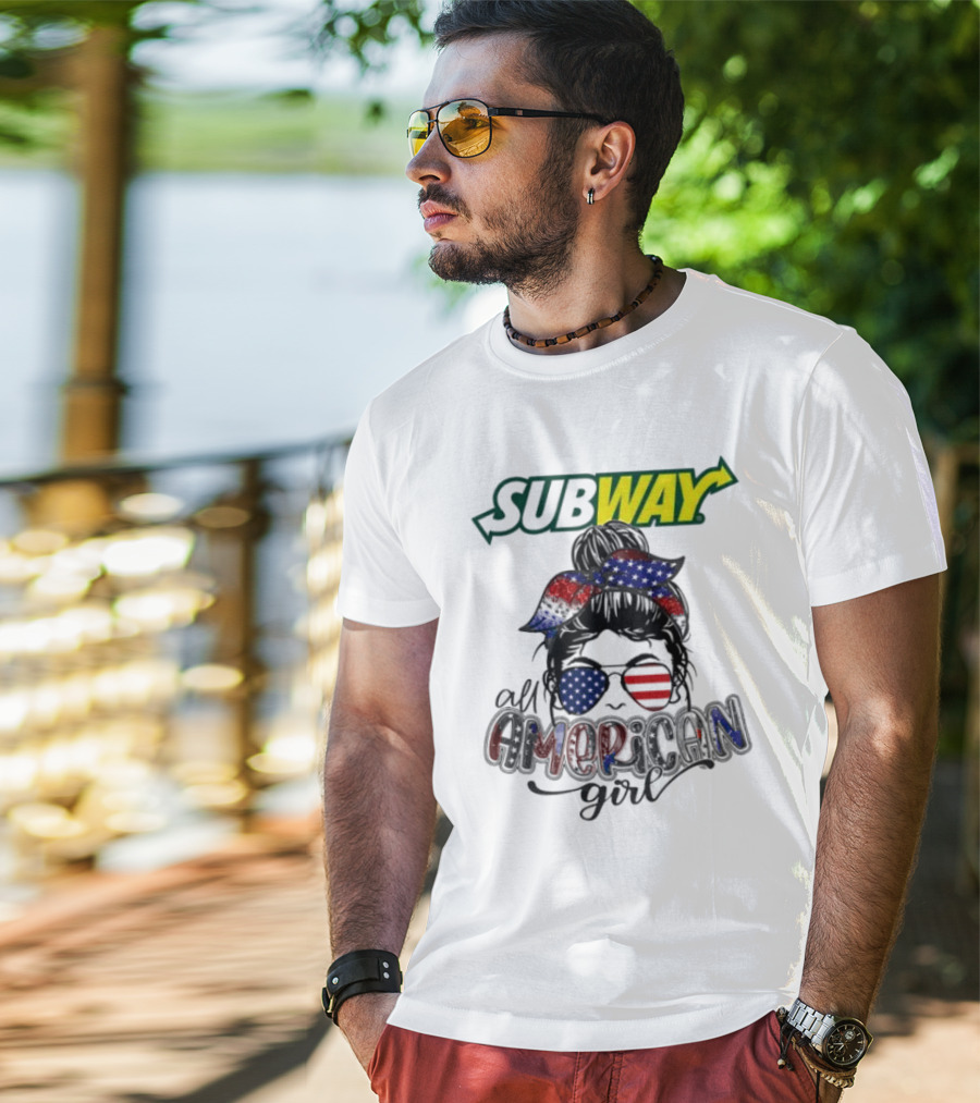 Subway All American Girl Messy Bun Patriotic Bandana And Sunglasses T-Shirt
