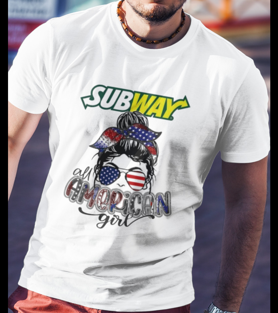 Subway All American Girl Messy Bun Patriotic Bandana And Sunglasses T-Shirt