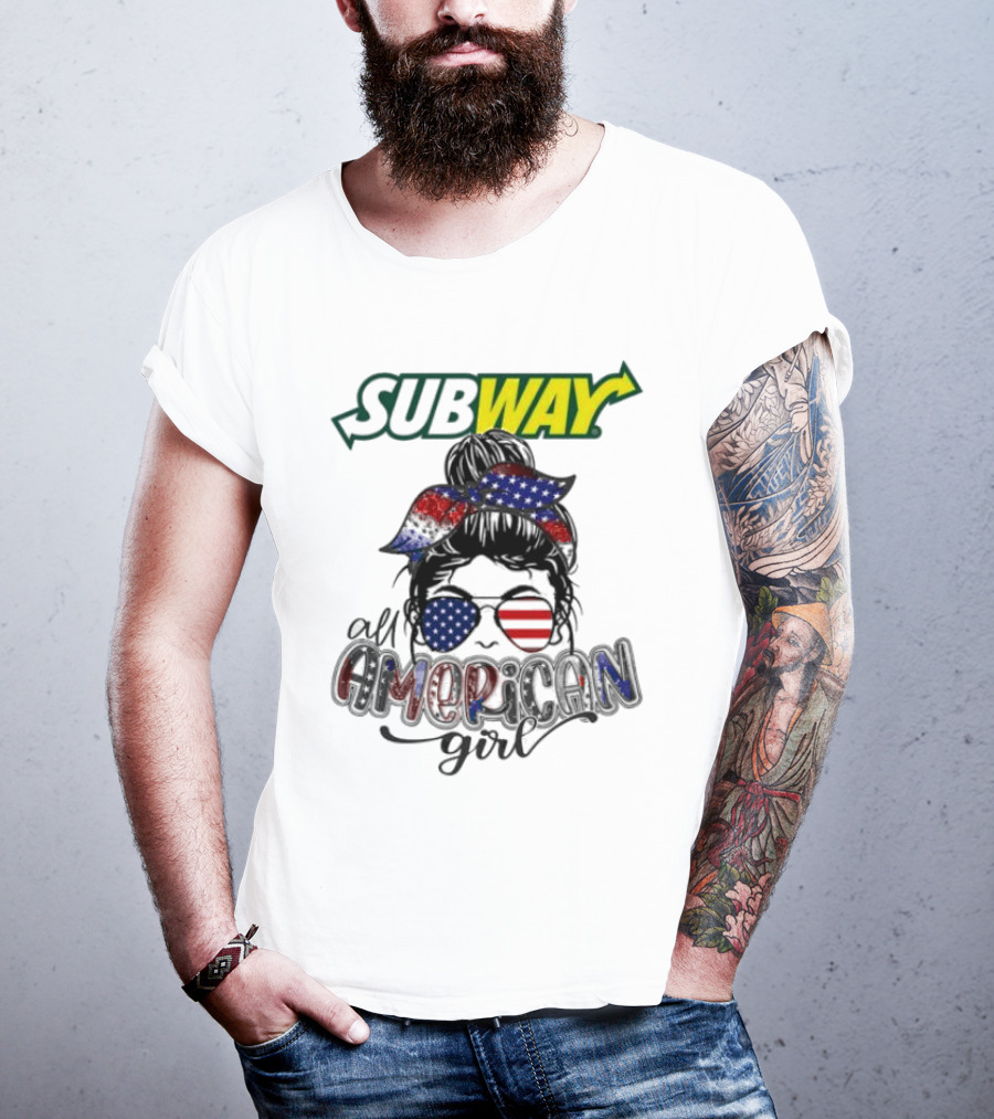 Subway All American Girl Messy Bun Patriotic Bandana And Sunglasses T-Shirt