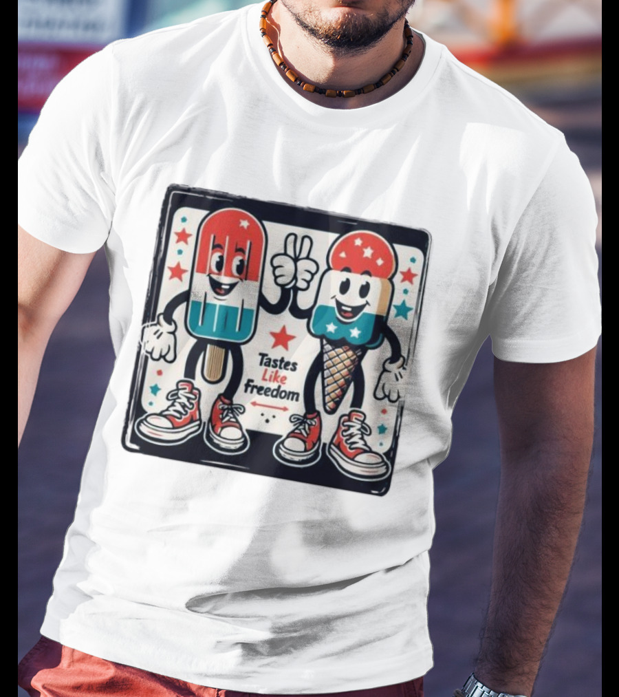 Tastes Like Freedom Popsicle And Ice Cream Characters With Stars And Sneakers T-Shirt