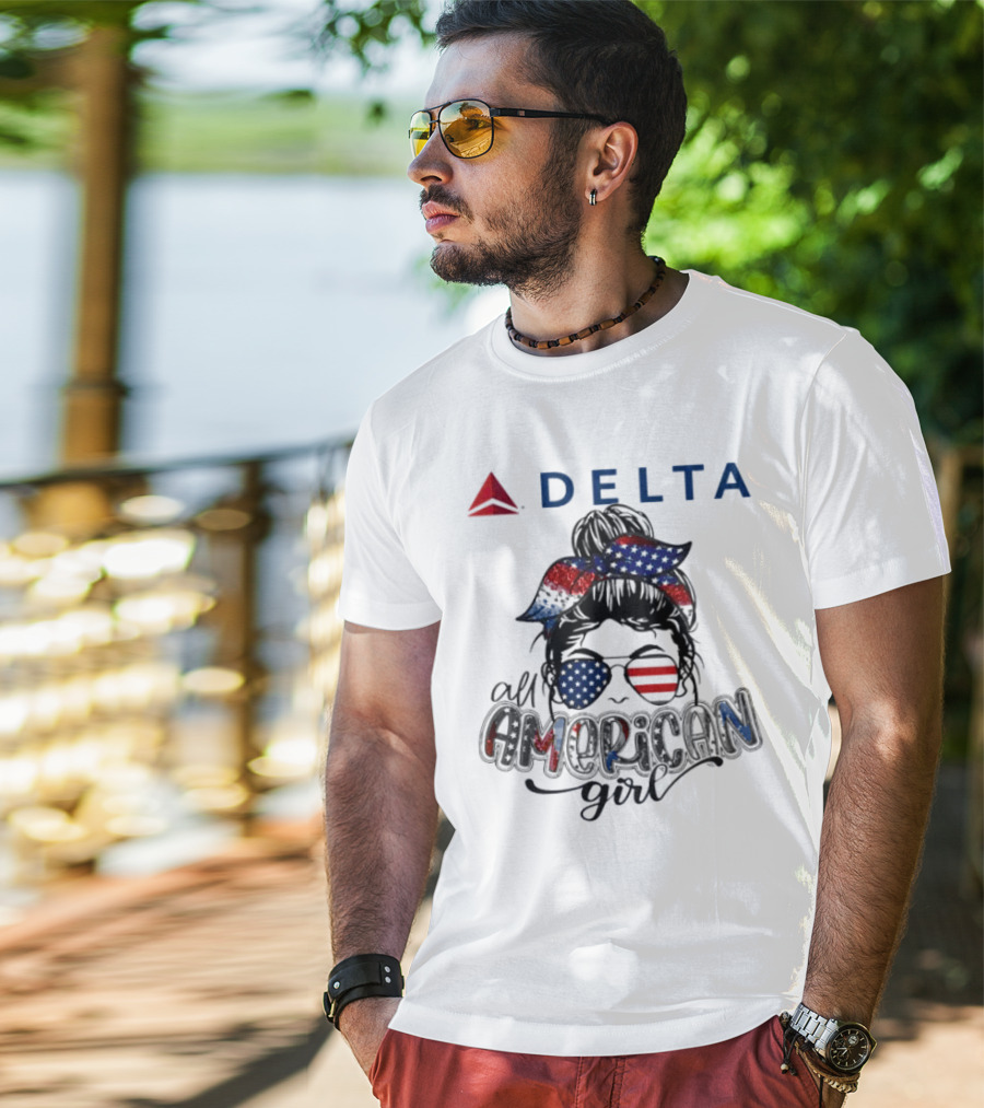 Delta Air Lines All American Girl Messy Bun Stars Stripes Bandana Sunglasses T-Shirt