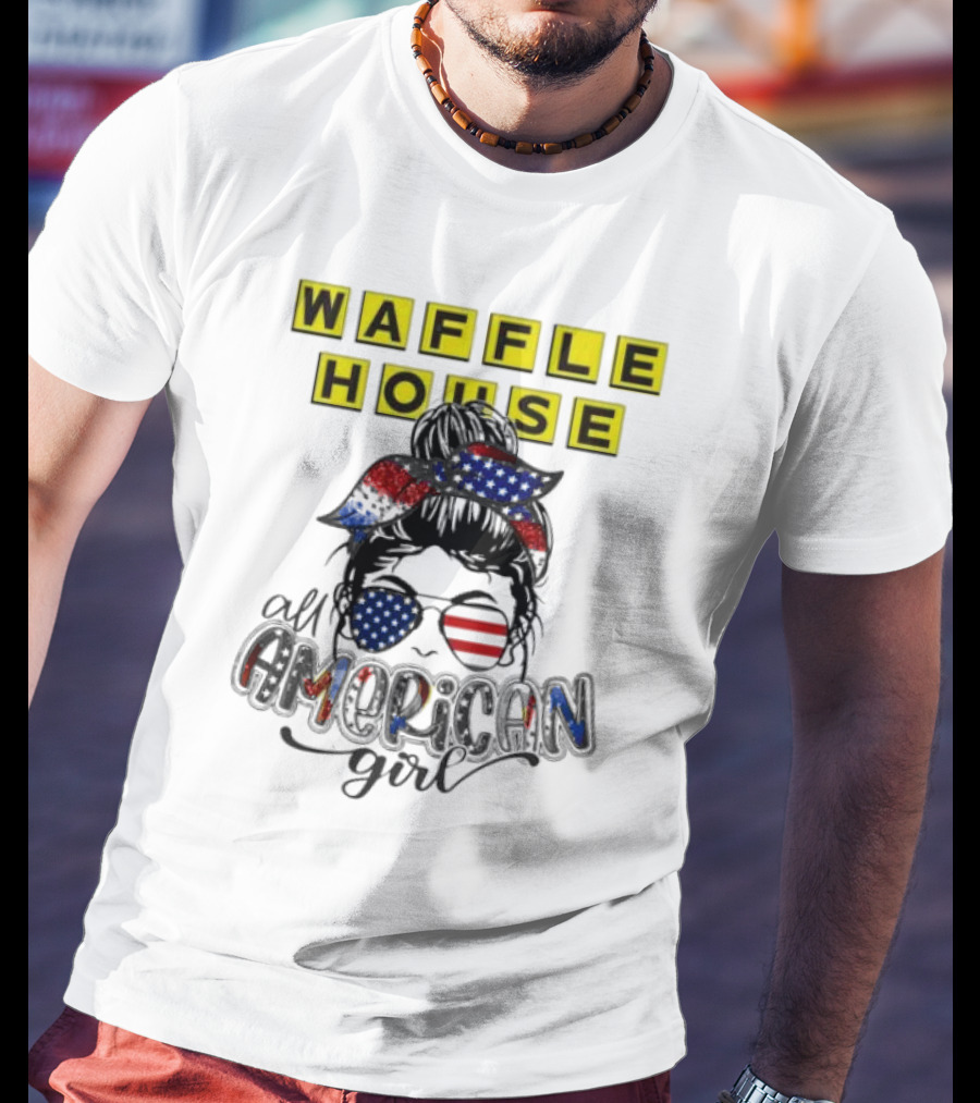 Waffle House All American Girl Messy Bun Patriotic USA Flag Glasses T-Shirt