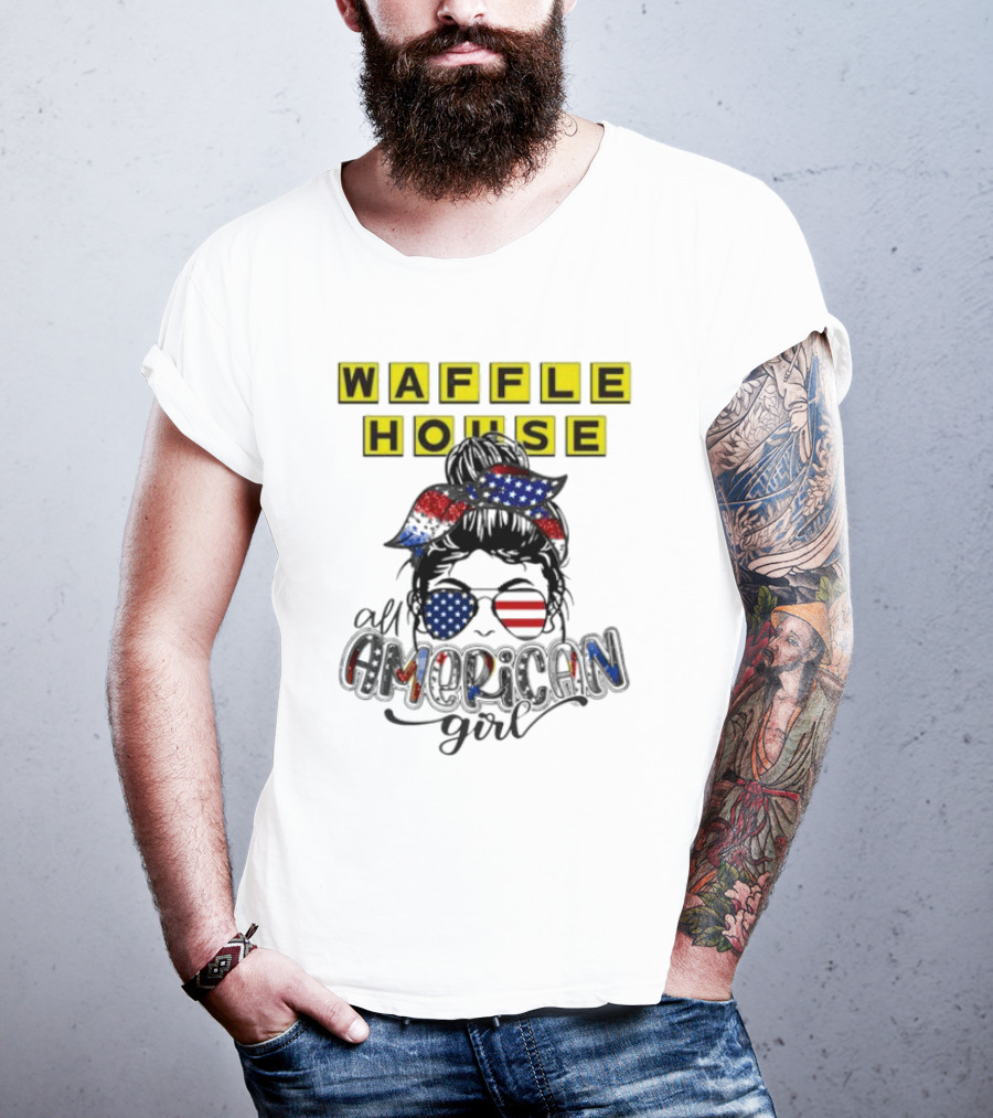Waffle House All American Girl Messy Bun Patriotic USA Flag Glasses T-Shirt