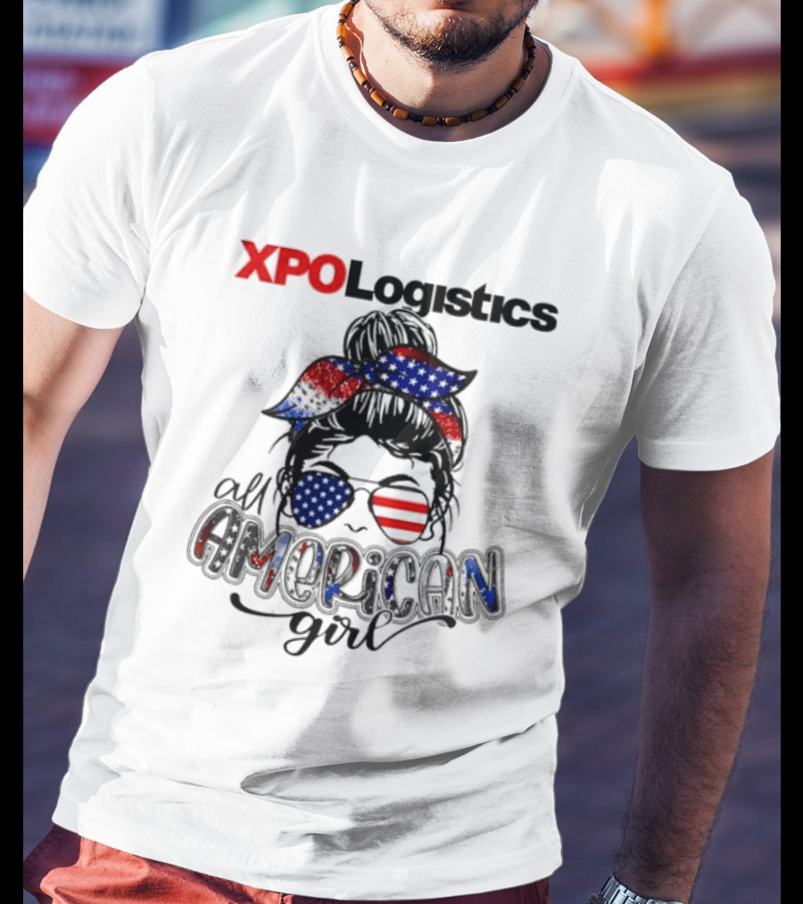 XPO Logistics All American Girl Messy Bun Red White Blue Glasses Stars Stripes T-Shirt