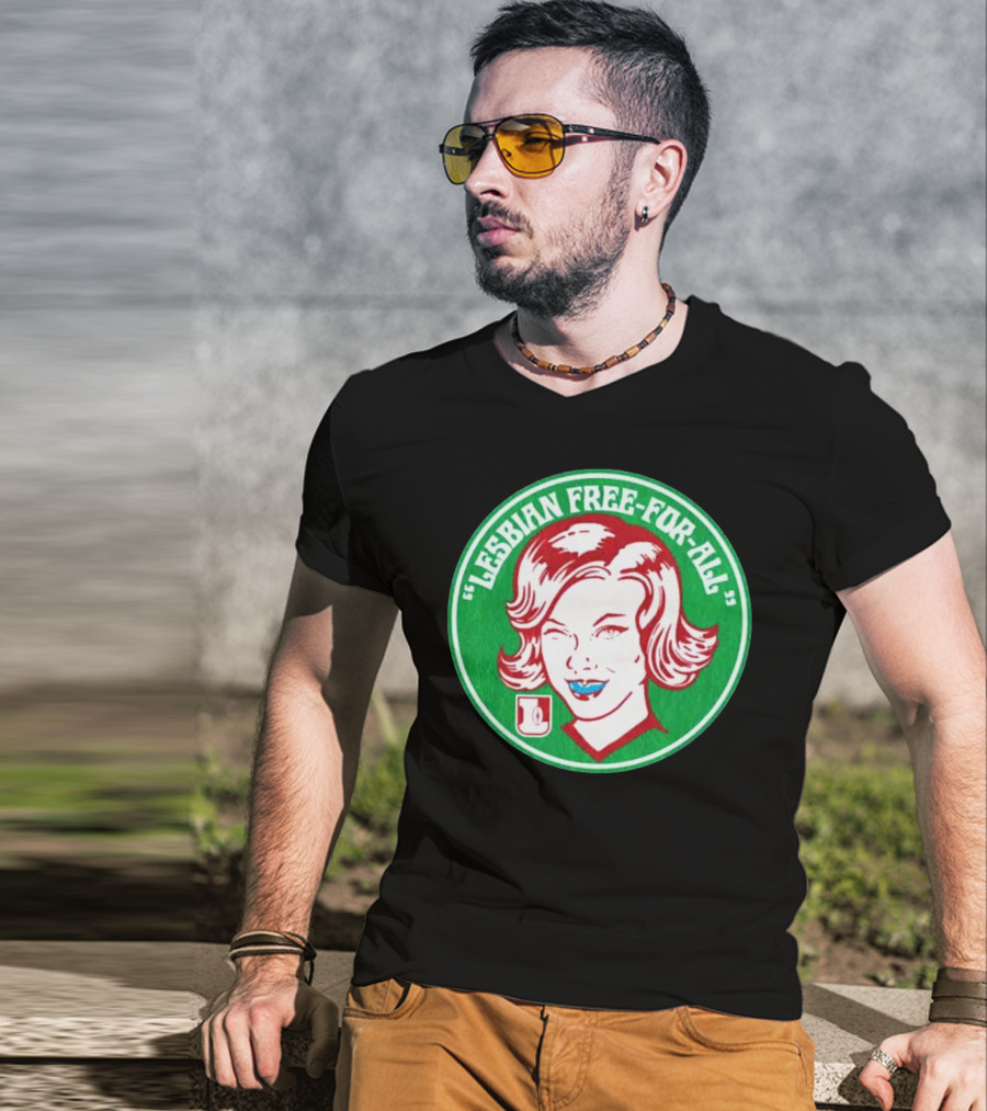 LESBIAN FREE-FOR-ALL Retro Style Winking Woman In Green Circle T-Shirt