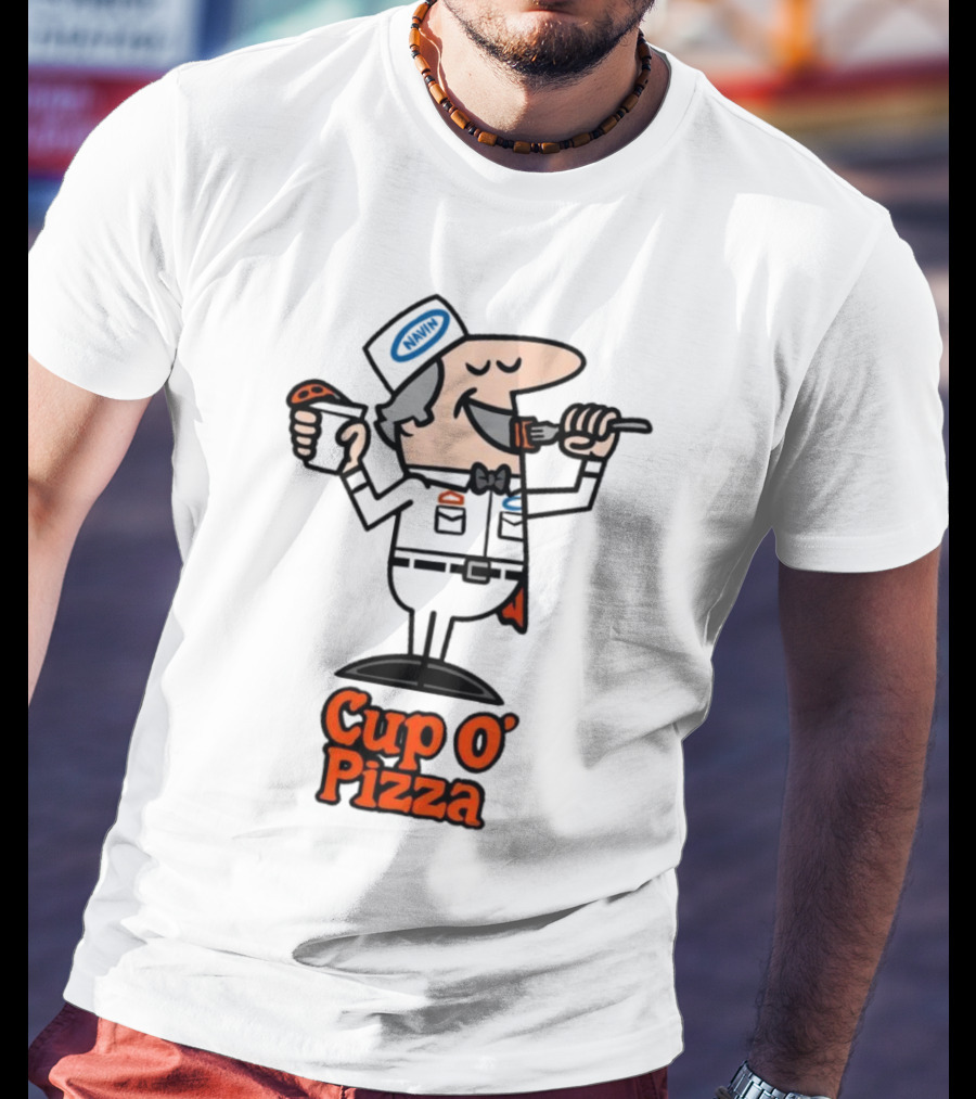 Cup O' Pizza Cartoon Character Eating From A Fork And Cup T-Shirt