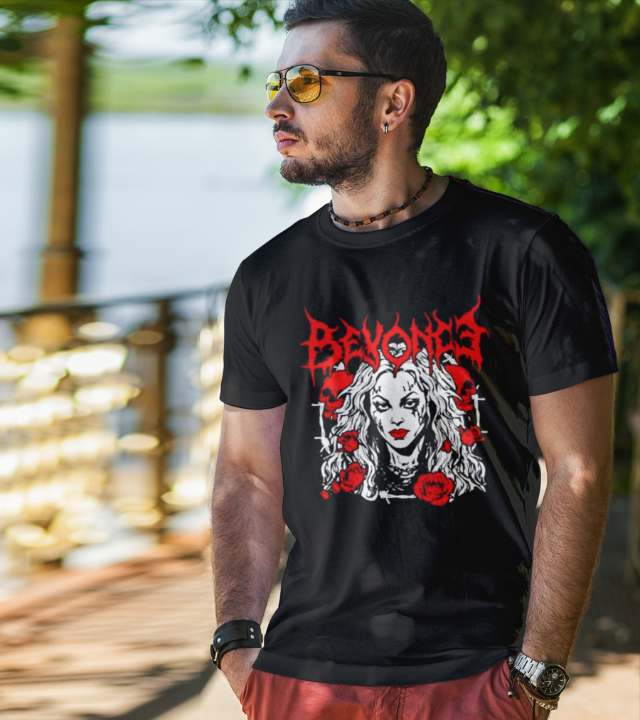BEYONCÉ Rose Metal Gothic Style Skulls And Roses T-Shirt