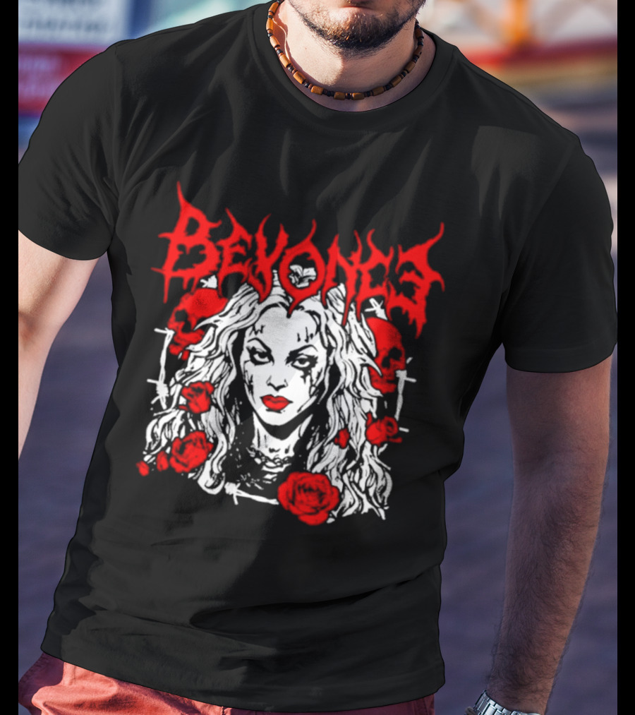 BEYONCÉ Rose Metal Gothic Style Skulls And Roses T-Shirt