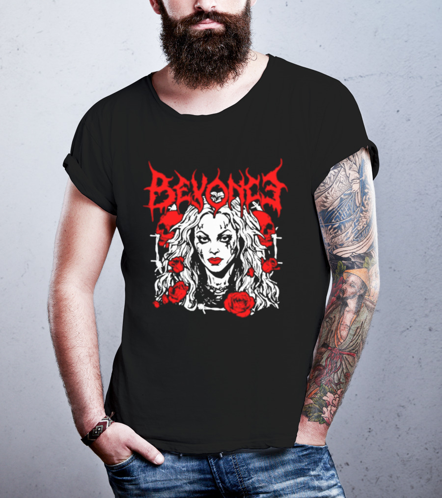 BEYONCÉ Rose Metal Gothic Style Skulls And Roses T-Shirt