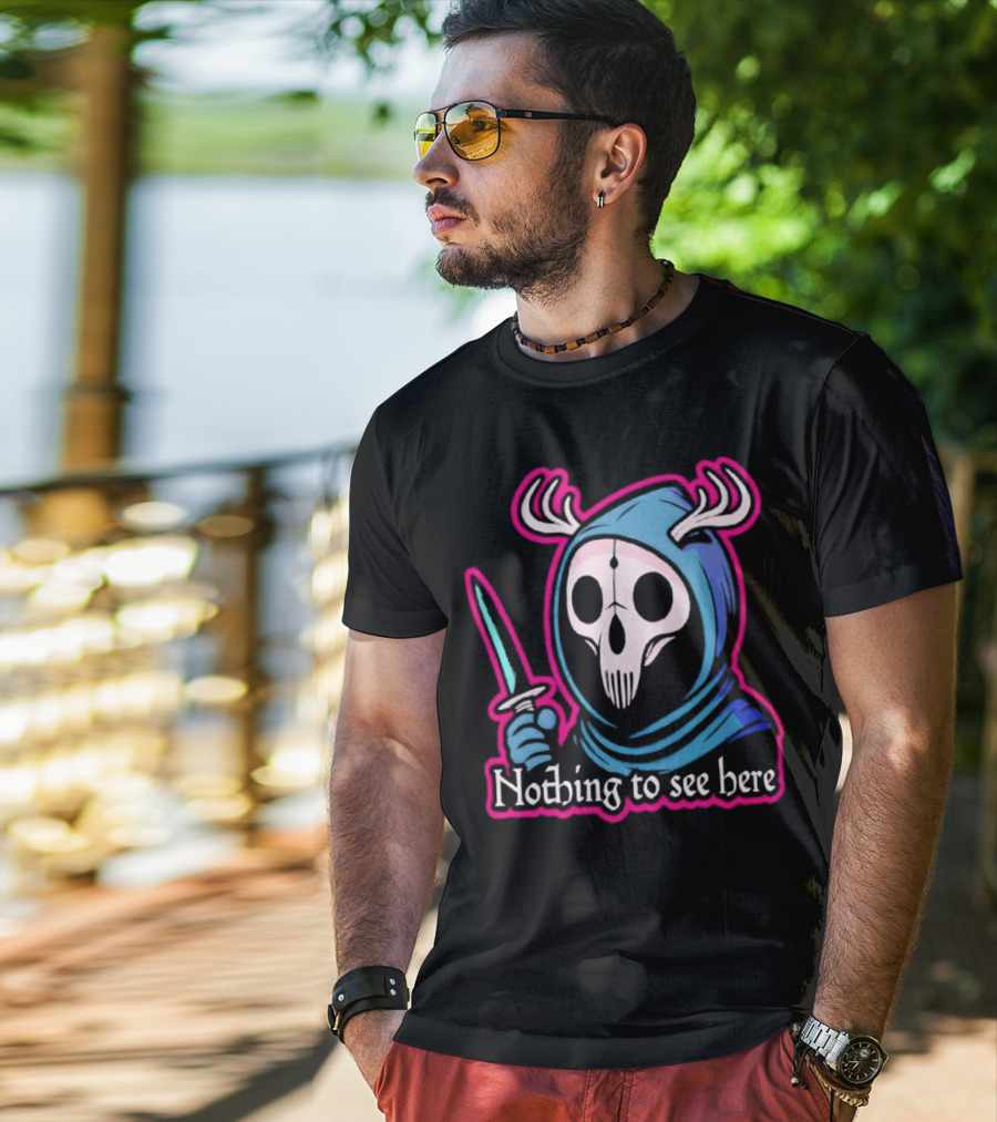 Grim Reaper Nothing To See Here Skull Hood Antlers Knife T-Shirt