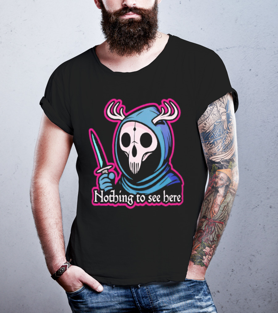 Grim Reaper Nothing To See Here Skull Hood Antlers Knife T-Shirt