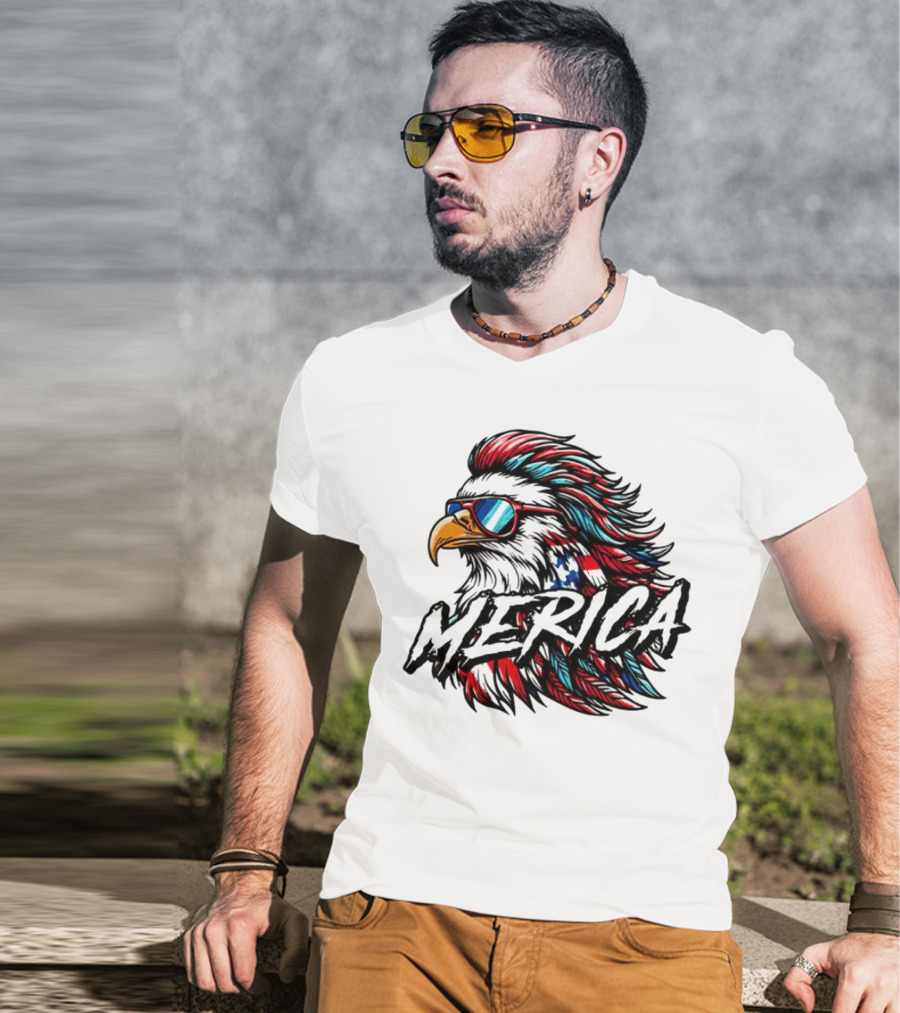 Merica Mullet Eagle With Patriotic Sunglasses And Americana Colors T-Shirt