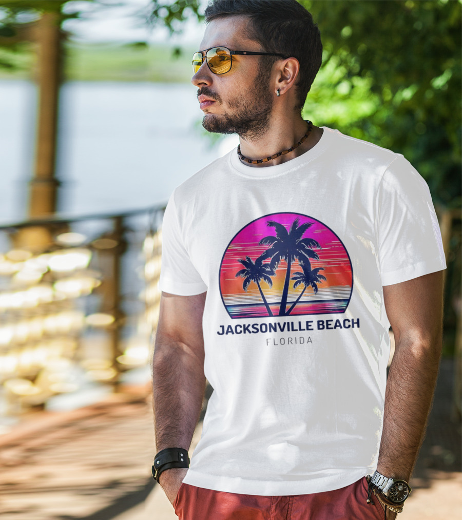 Jacksonville Beach Florida Palm Tree Sunset Circle T-Shirt