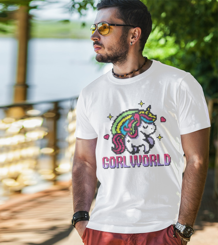 Gorl World Unicorn Retro Pixel Art Rainbow Hearts T-Shirt