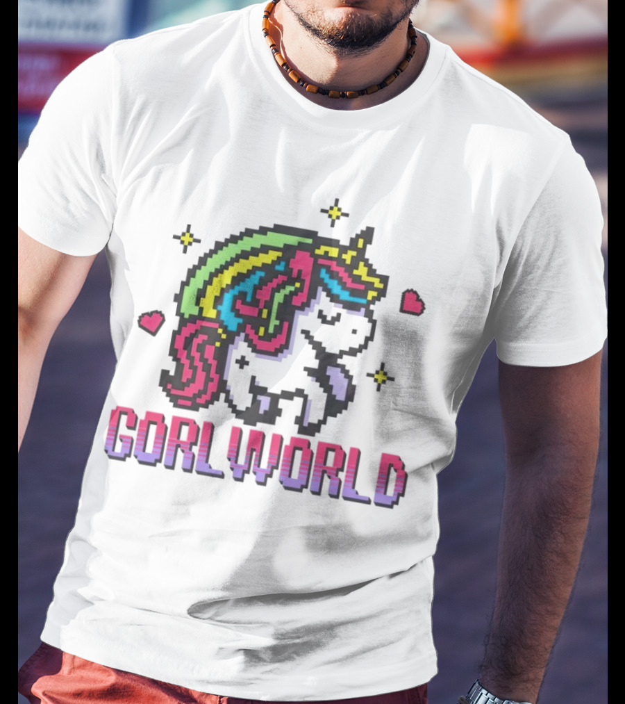 Gorl World Unicorn Retro Pixel Art Rainbow Hearts T-Shirt