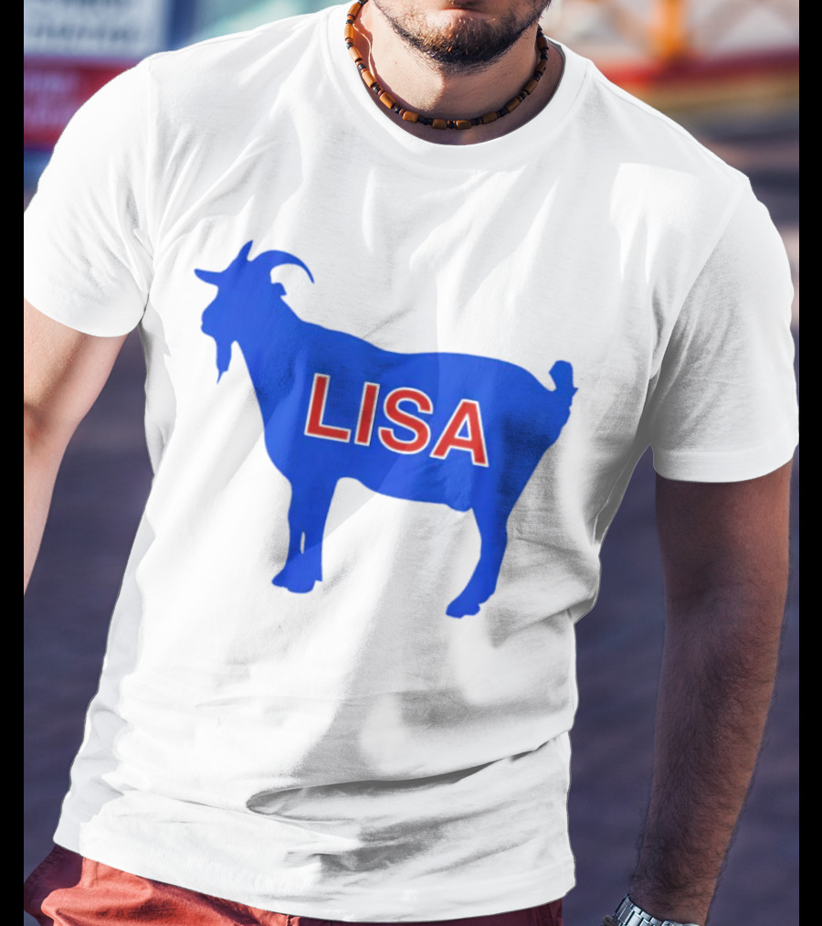 Lisa L Dubbs Goat Silhouette With Name In Bold Red Letters Blue Background T-Shirt