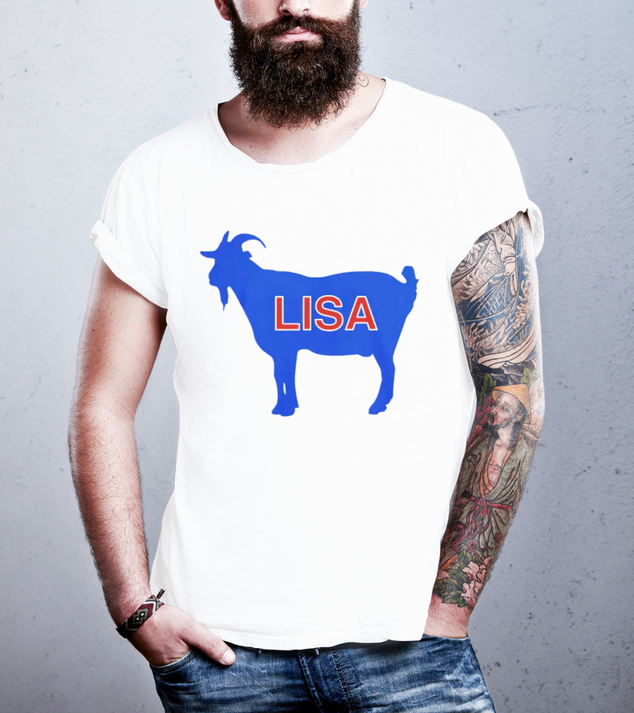 Lisa L Dubbs Goat Silhouette With Name In Bold Red Letters Blue Background T-Shirt