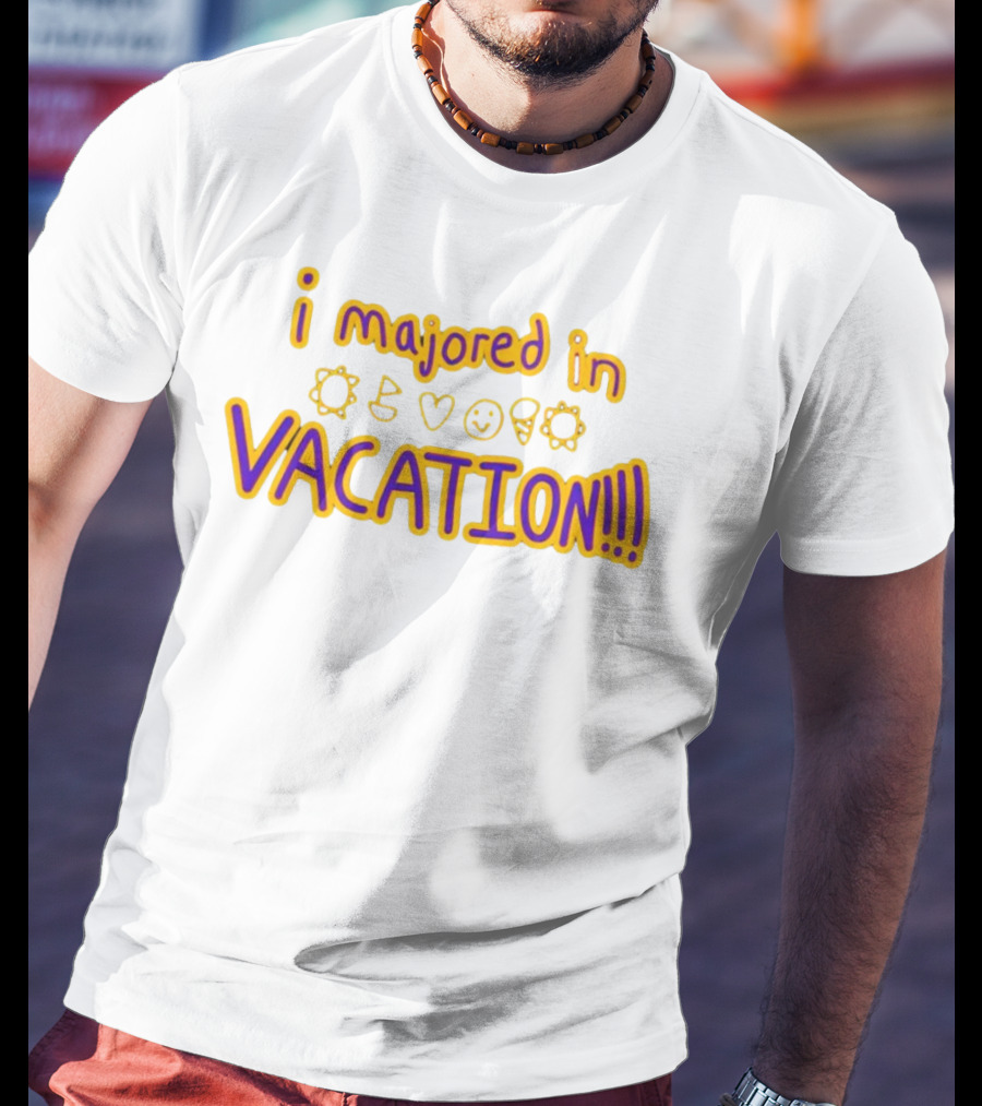 Weston Koury Wearing I Majored In Vacation Sun Heart Smile Cone Text T-Shirt