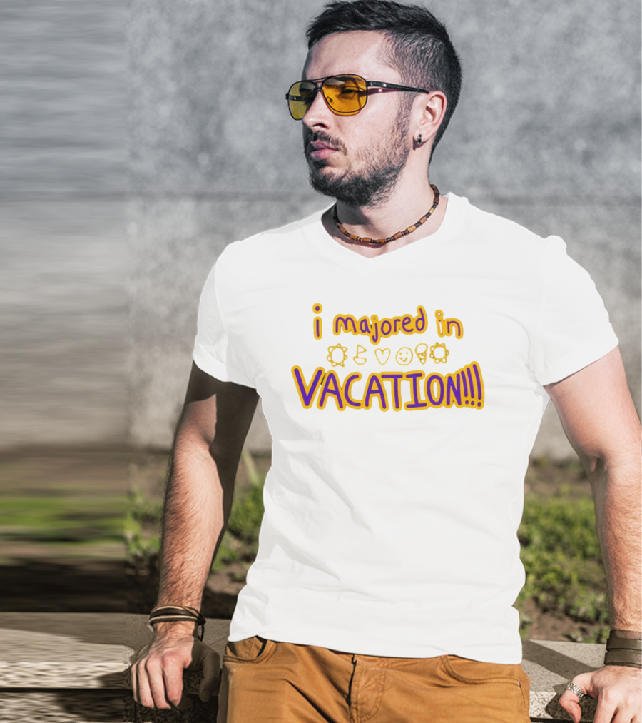 Weston Koury Wearing I Majored In Vacation Sun Heart Smile Cone Text T-Shirt