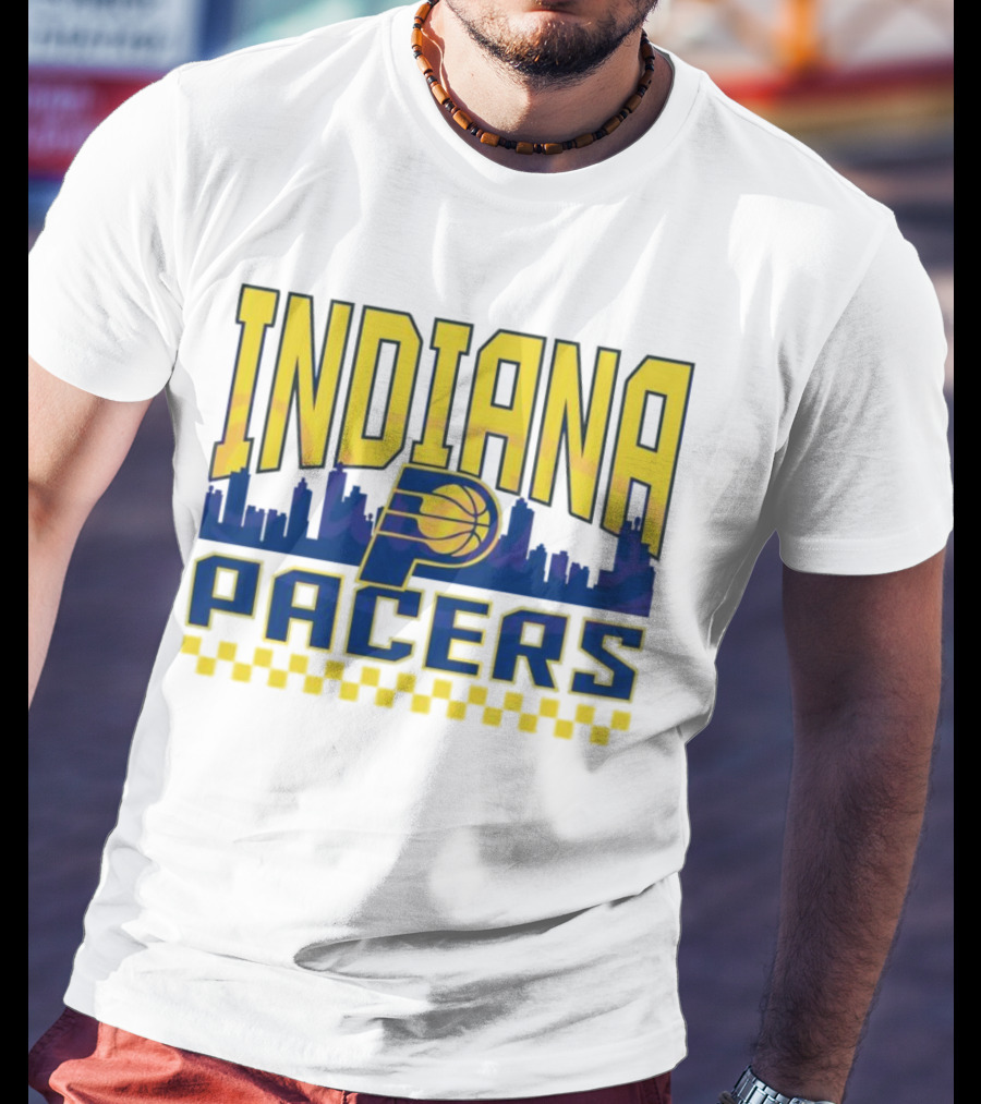 Indiana Pacers NBA Logo Skyline With Checkered T-Shirt
